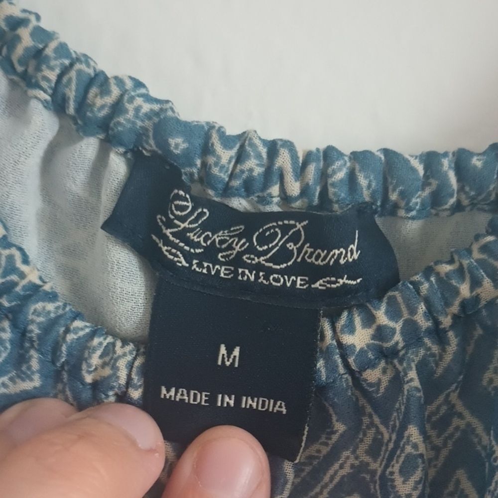 Lucky Brand Blue And White Women's Size M Blouse Cottagecore Top Off Shoulder - Picture 3 of 10